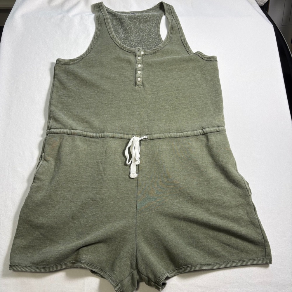 Aerie, Henley Romper, Large, Olive Green, Fleece Lounge Sleeveless, MSRP $50
